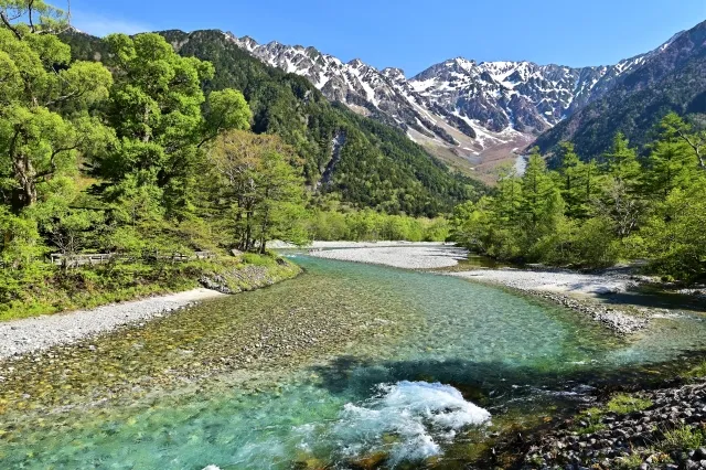 松本方面から上高地へ向かうルートと北アルプスの山並み